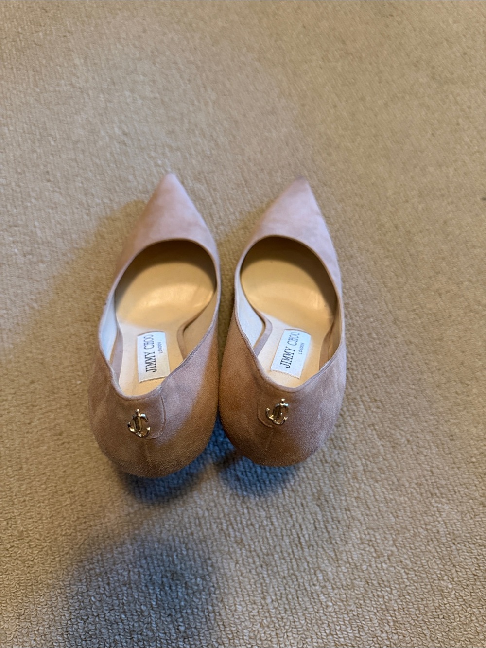 Jimmy Choo Pink Suede Pointed-Toe pumps with Gold Logo Accent